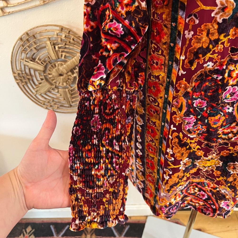 Anthropologie Red Burnout Velvet Paisley Lace Up Mini Dress Dark Academia 0 - Picture 7 of 13
